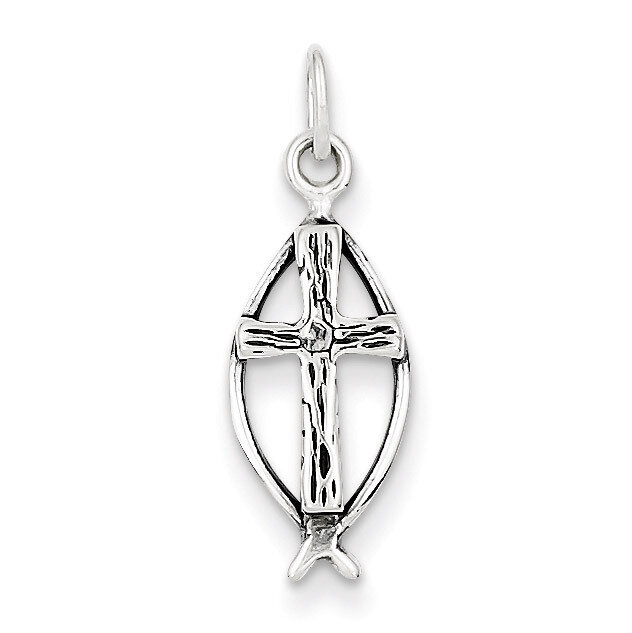 Ichthus Fish Cross Charm Antiqued Sterling Silver QC4428