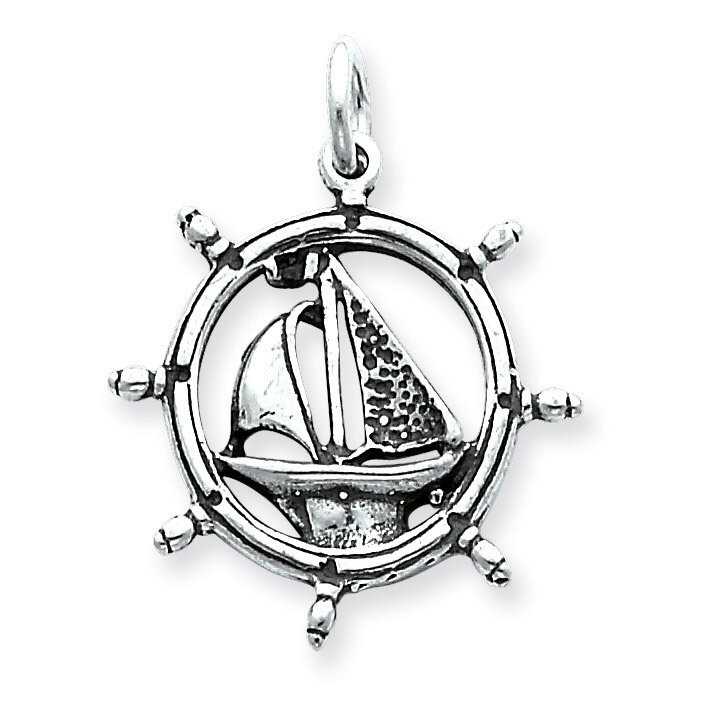 Sailboat in Wheel Charm Antiqued Sterling Silver QC4965, MPN: QC4965, 883957572215