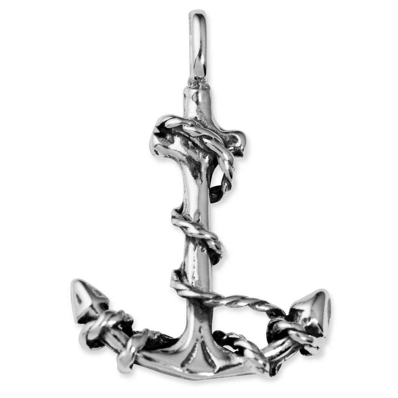 3D Antiqued Anchor and Rope Pendant Sterling Silver QC4977