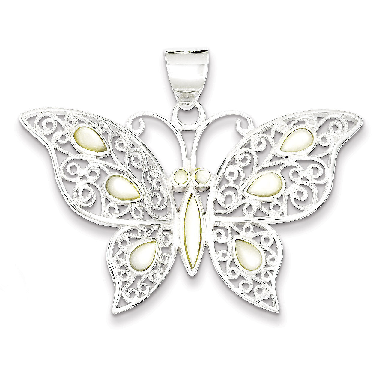 Mother of Pearl Fancy Butterfly Pendant Sterling Silver QC5004
