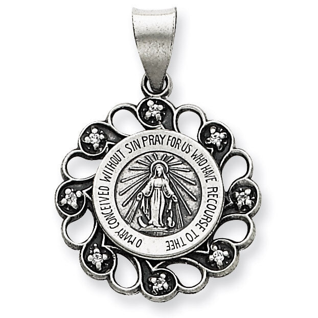 Diamond Antiqued Blessed Mother Pendant Sterling Silver QC5592