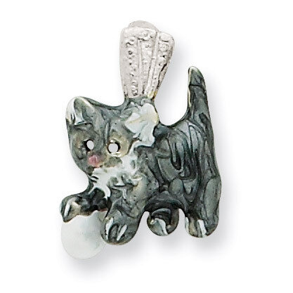 Silver Enamel Grey &amp; White Cat Pendant playing with Ball Sterling Silver QC6394, MPN: QC6394, 88395…