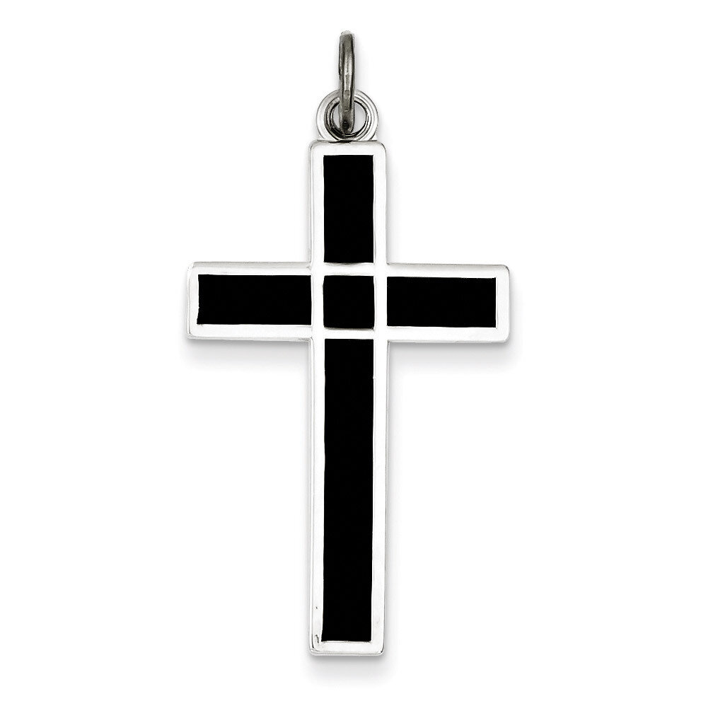 Polished Enamel Black Cross Pendant Sterling Silver Brushed QC7218