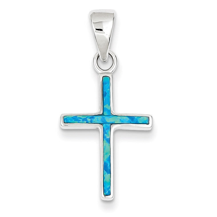 Blue Inlay Created Opal Thin Cross Pendant Sterling Silver QC7267