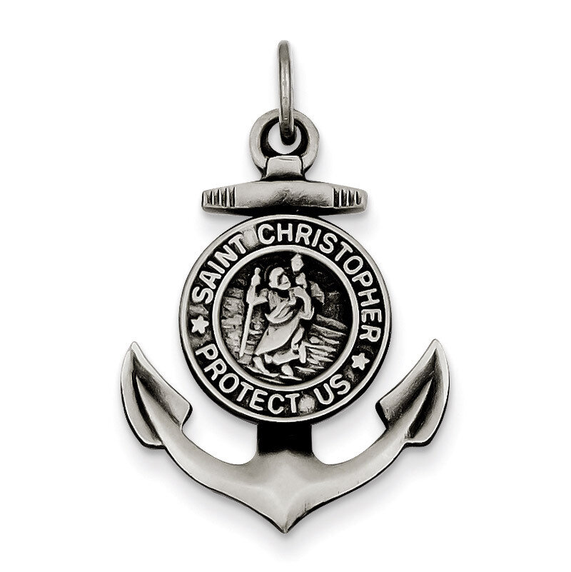 Satin St Christopher Anchor Medal Pendant Antiqued Sterling Silver QC7372