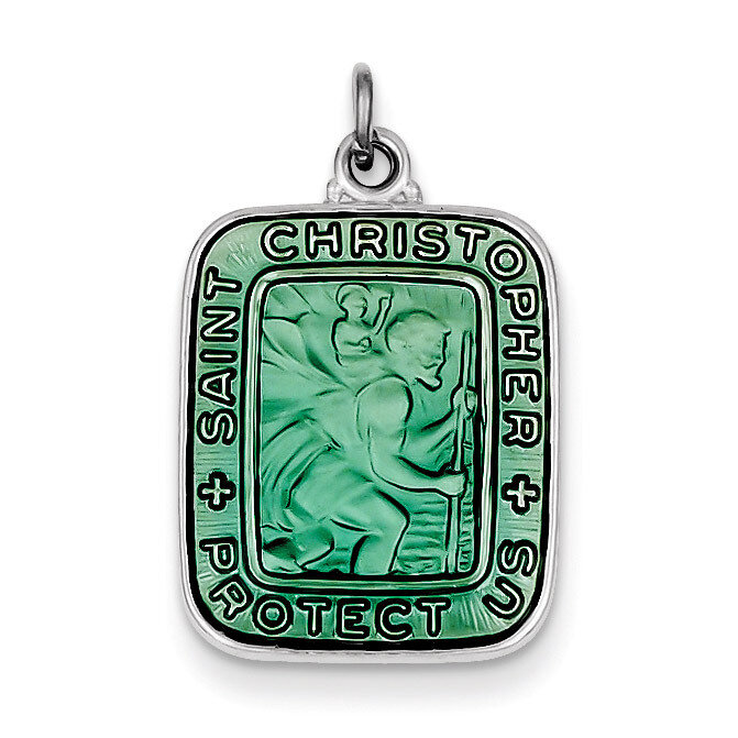 Teal Enamel Square Saint Christopher Medal Pendant Sterling Silver QC7375, MPN: QC7375, 886774582696