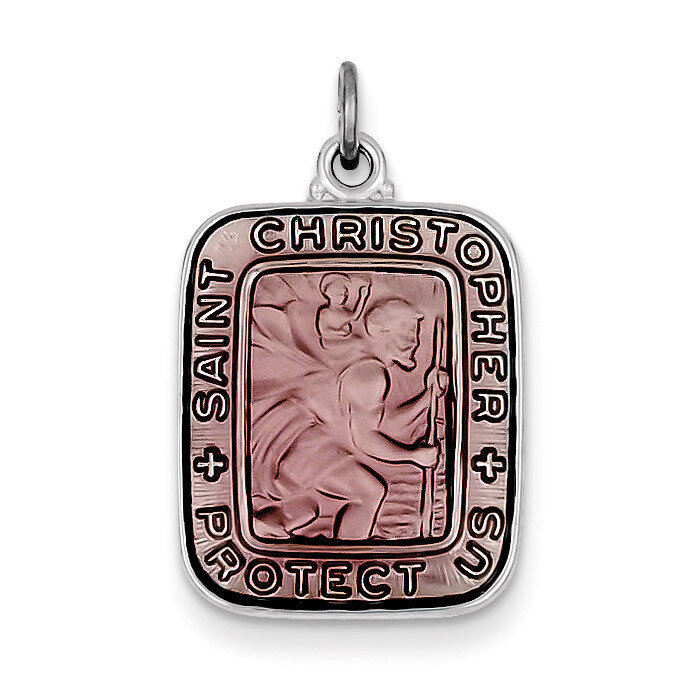 Pink Enamel Square Saint Christopher Medal Pendant Sterling Silver QC7376