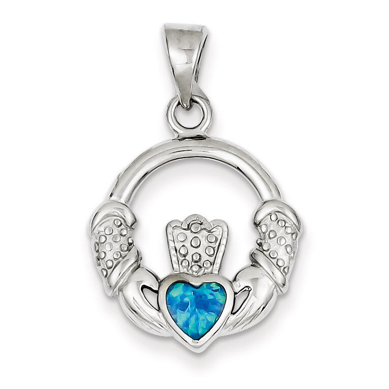 Blue Inlay Created Opal Irish Claddagh Pendant Sterling Silver QC7623