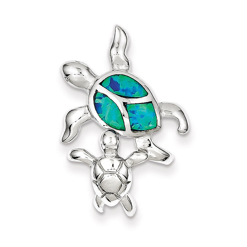 Blue Inlay Created Opal Turtle Pendant Sterling Silver QC7682