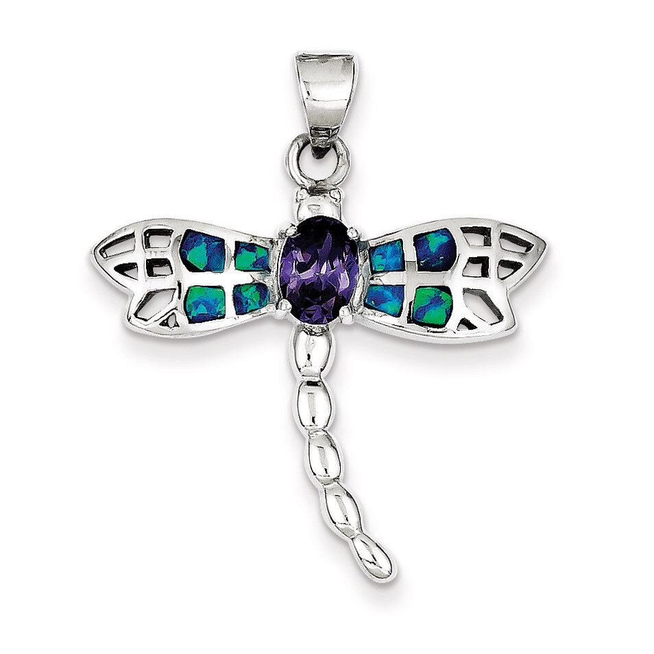Blue Inlay Created Opal Dragonfly Oval Amethyst Pendant Sterling Silver QC7689