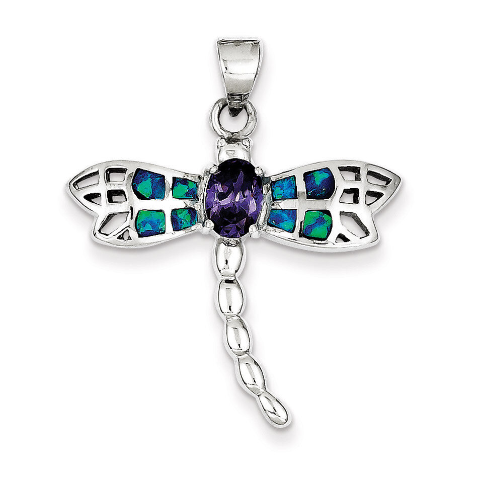 Blue Inlay Created Opal Dragonfly Oval Amethyst Pendant Sterling Silver QC7689, MPN: QC7689, 883957…