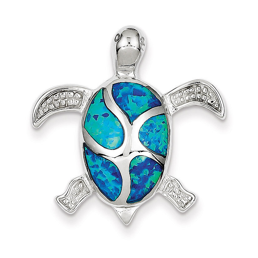 Blue Inlay Created Opal Turtle Pendant Sterling Silver QC7690