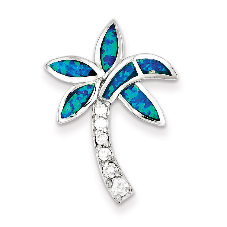 Blue Inlay Created Opal Palm Tree Pendant Sterling Silver Diamond QC7697