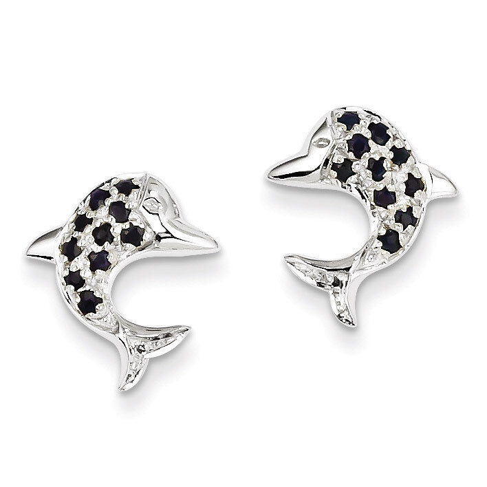 Sapphire &amp; Diamond Dolphin Post Earrings Sterling Silver Rhodium QDX308