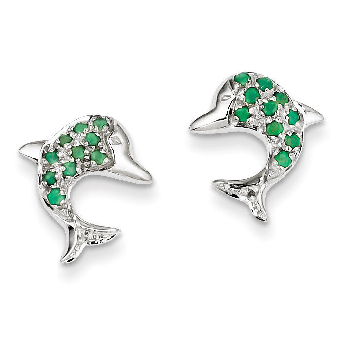 Emerald &amp; Diamond Dolphin Post Earrings Sterling Silver Rhodium QDX309