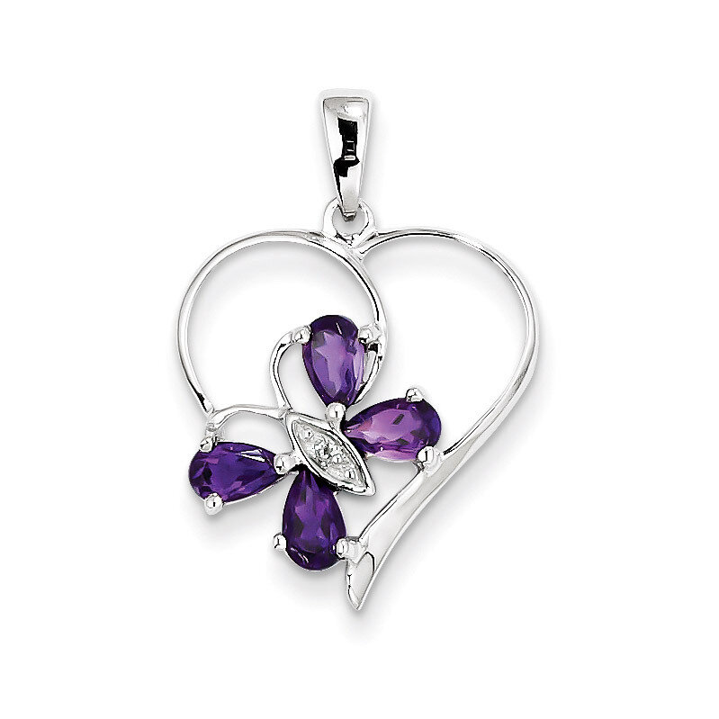 Amethyst &amp; Diamond Butterfly Heart Pendant Sterling Silver Rhodium QDX366, MPN: QDX366, 883957532752