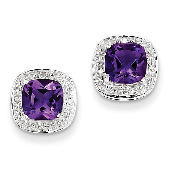 Amethyst &amp; Diamond Post Earrings Sterling Silver Rhodium QDX379