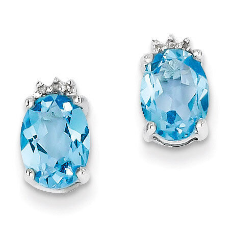 Oval SW Blue Topaz &amp; Diamond Post Earrings Sterling Silver QDX507, MPN: QDX507, 883957501345
