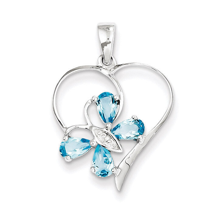 SW Blue Topaz & Diamond Butterfly Heart Pendant Sterling Silver QDX510