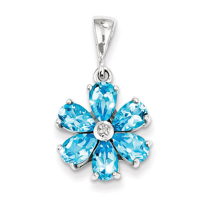 Light Swiss Blue Topaz &amp; Diamond Flower Pendant Sterling Silver QDX516, MPN: QDX516, 883957525440