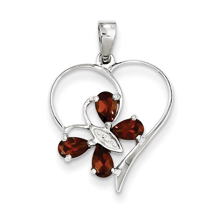 Garnet &amp; Diamond Butterfly Heart Pendant Sterling Silver Rhodium QDX611