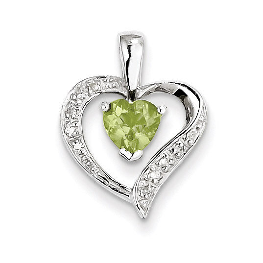 Heart Peridot &amp; Diamond Heart Pendant Sterling Silver Rhodium QDX803