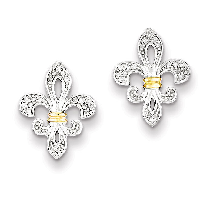 14k Yellow Gold Diamonds Fleur de Lis Post Earrings Sterling Silver QE10431
