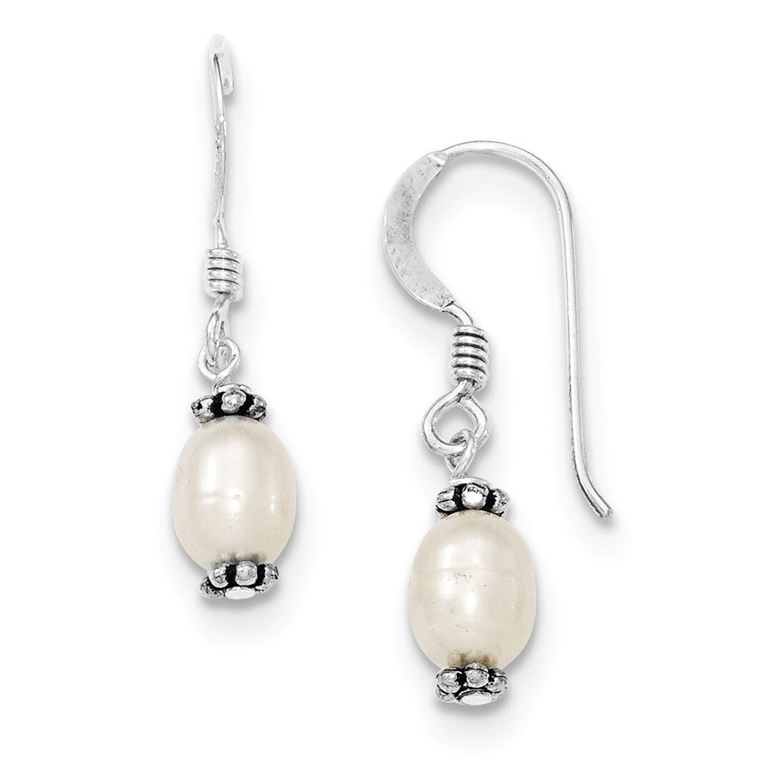 White Cultured Pearl Antiqued Bead Dangle Earrings Sterling Silver QE2009, MPN: QE2009, 191101187797