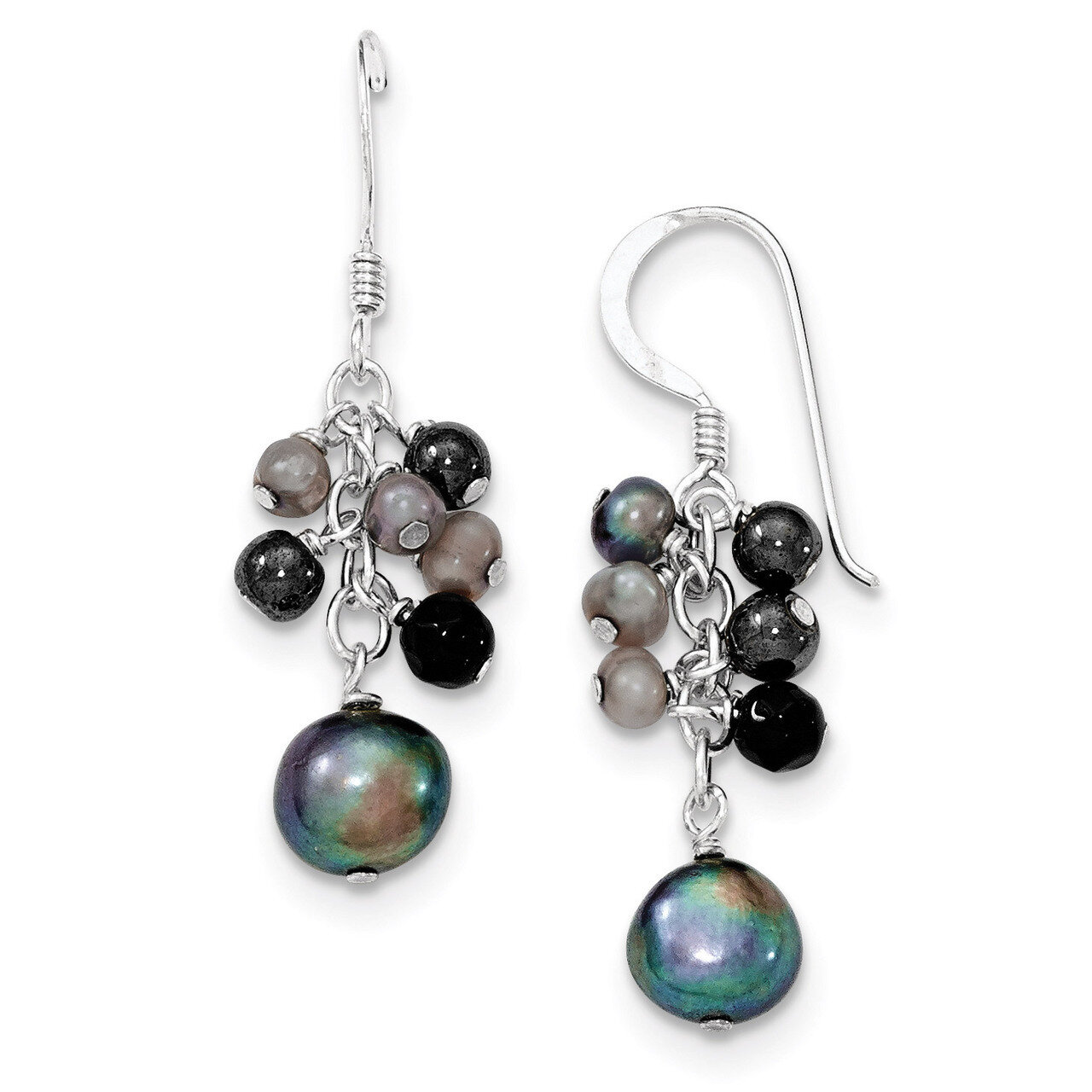 Black Cultured Pearls &amp; Onyx Dangle Earrings Sterling Silver QE2013