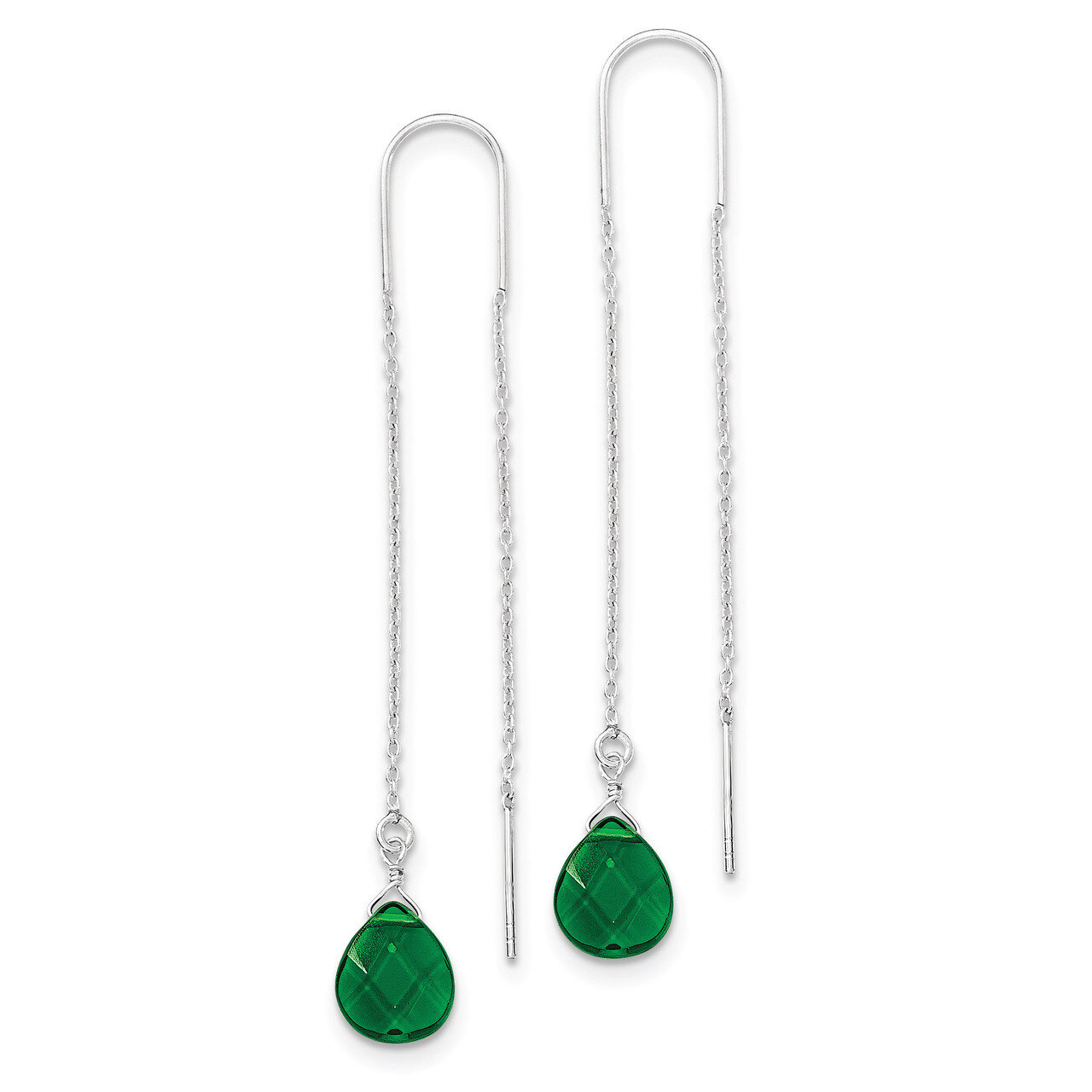 Pear Shaped Dark Green Diamond Threader Earrings Sterling Silver QE2493, MPN: QE2493, 191101188176