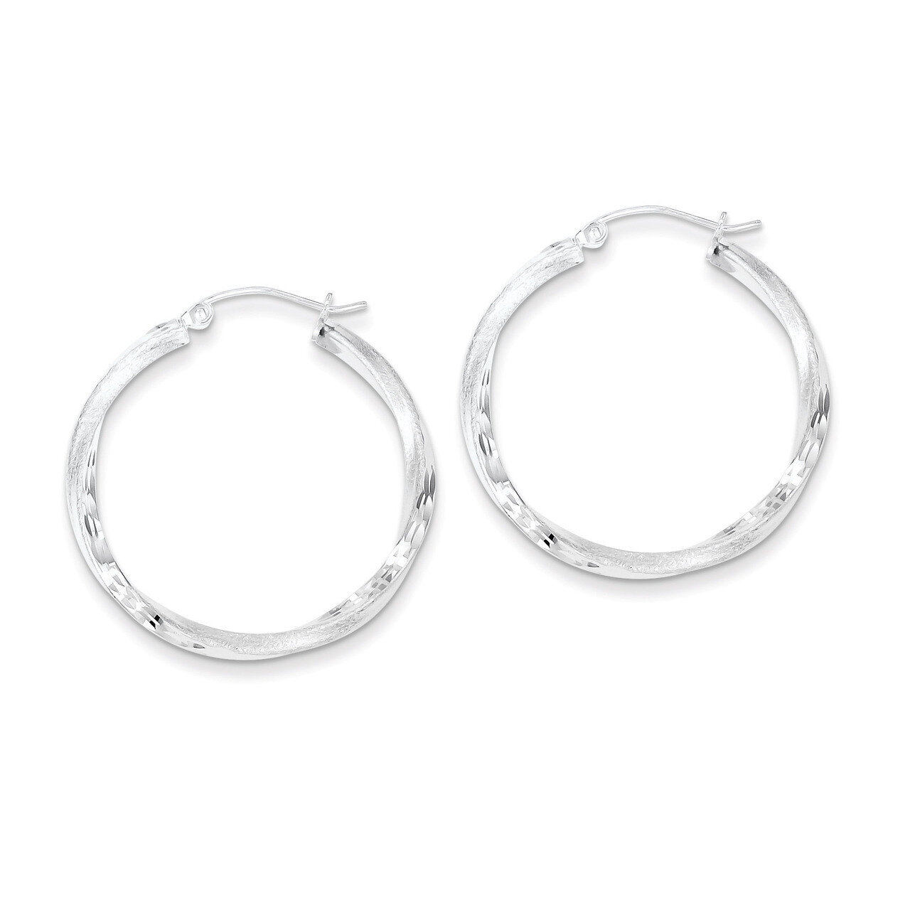 Satin &amp; Diamond Cut Twist Hoop Earrings Sterling Silver Rhodium-plated QE4599, MPN: QE4599, 8839579…