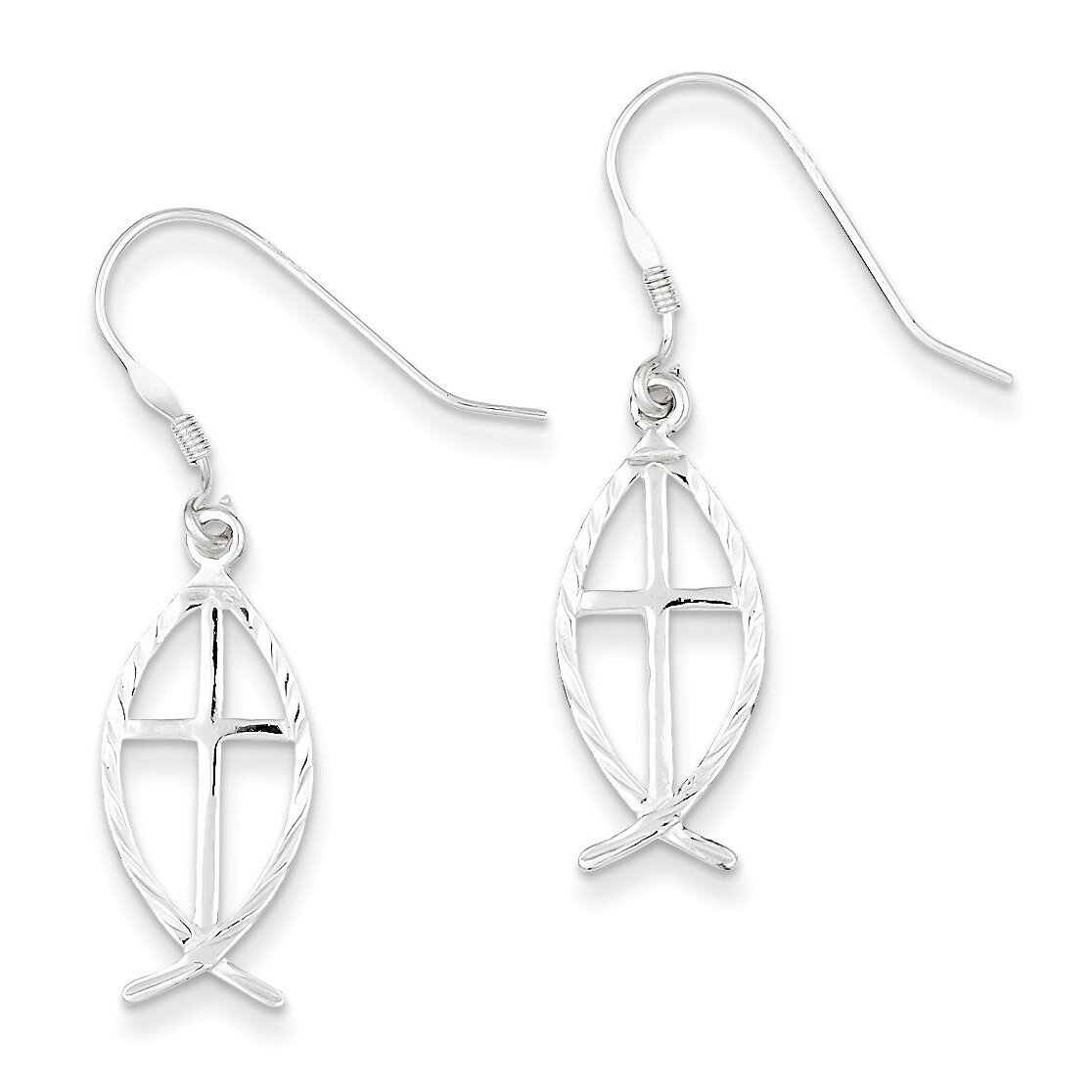 Cross Fish Earrings Diamond-cut Sterling Silver QE4789