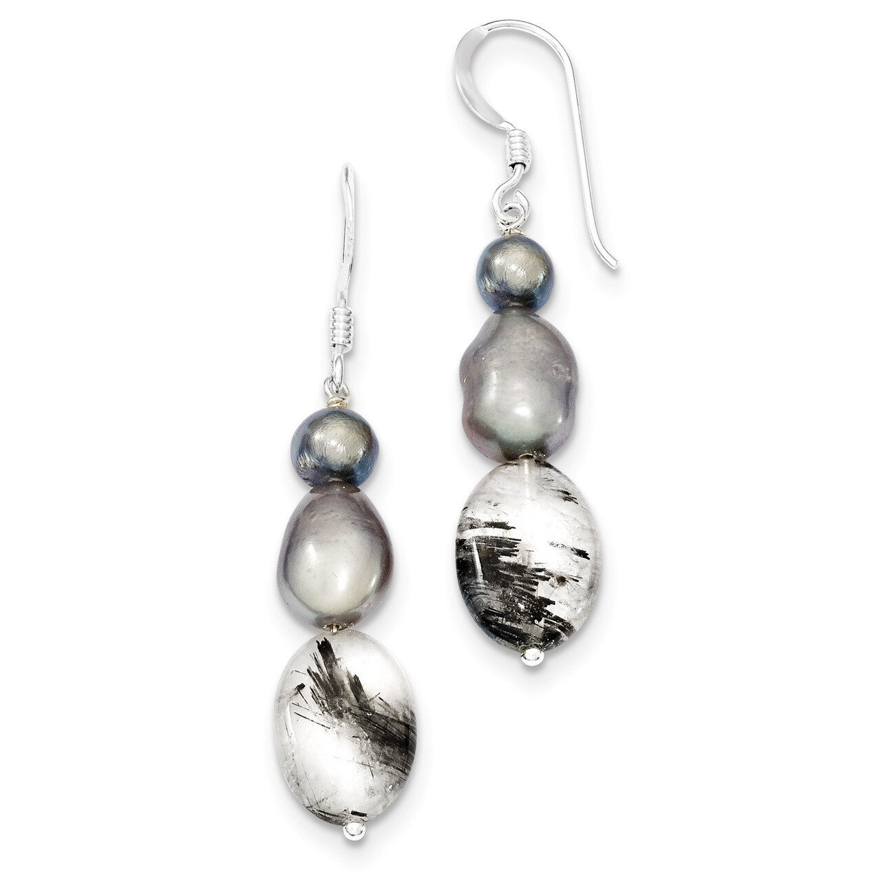 Tourmalinated Quartz & Grey Cultured Pearl Earrings Sterling Silver QE5980