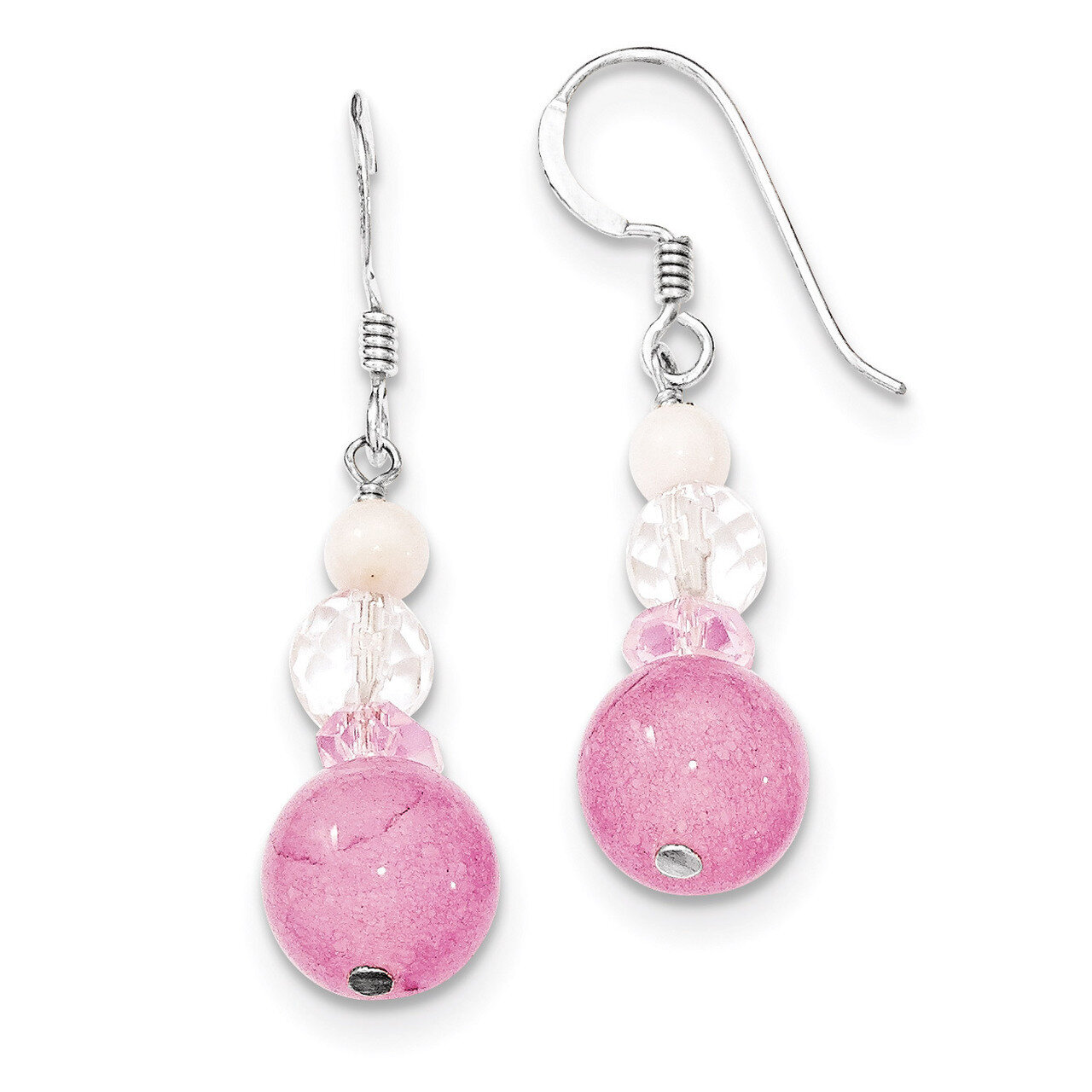 Pink & White Crystal Jade Mother of Pearl Dangle Earrings Sterling Silver QE6326