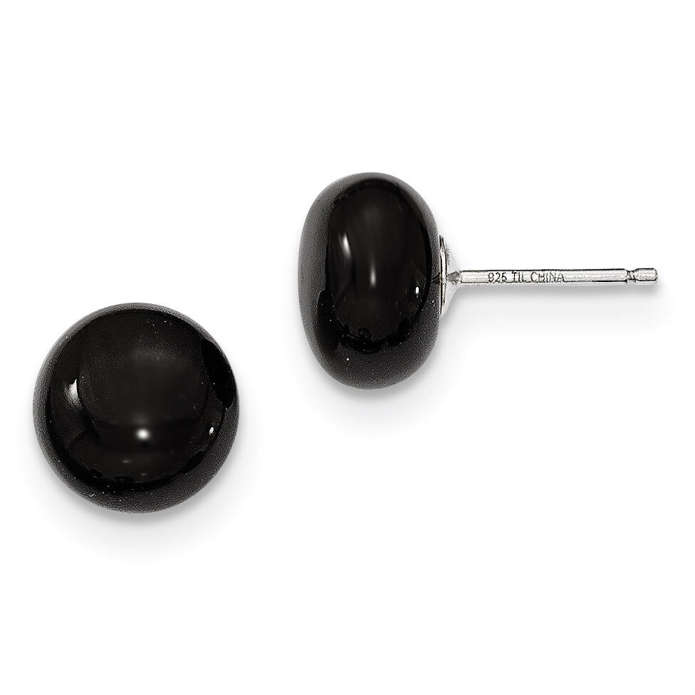 10-10.5mm Button Black Agate Post Earrings Sterling Silver QE6348