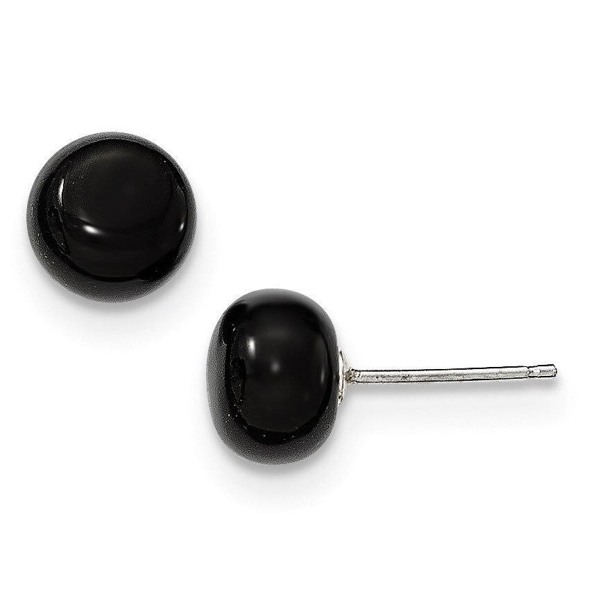 8-8.5mm Button Black Agate Post Earrings Sterling Silver QE6349