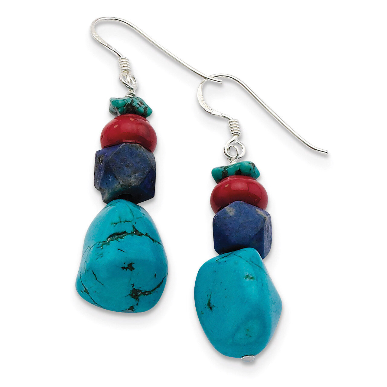 Red Coral Howlite Lapis &amp; Turquoise Dangle Earrings Sterling Silver QE6386, MPN: QE6386, 8867740807…