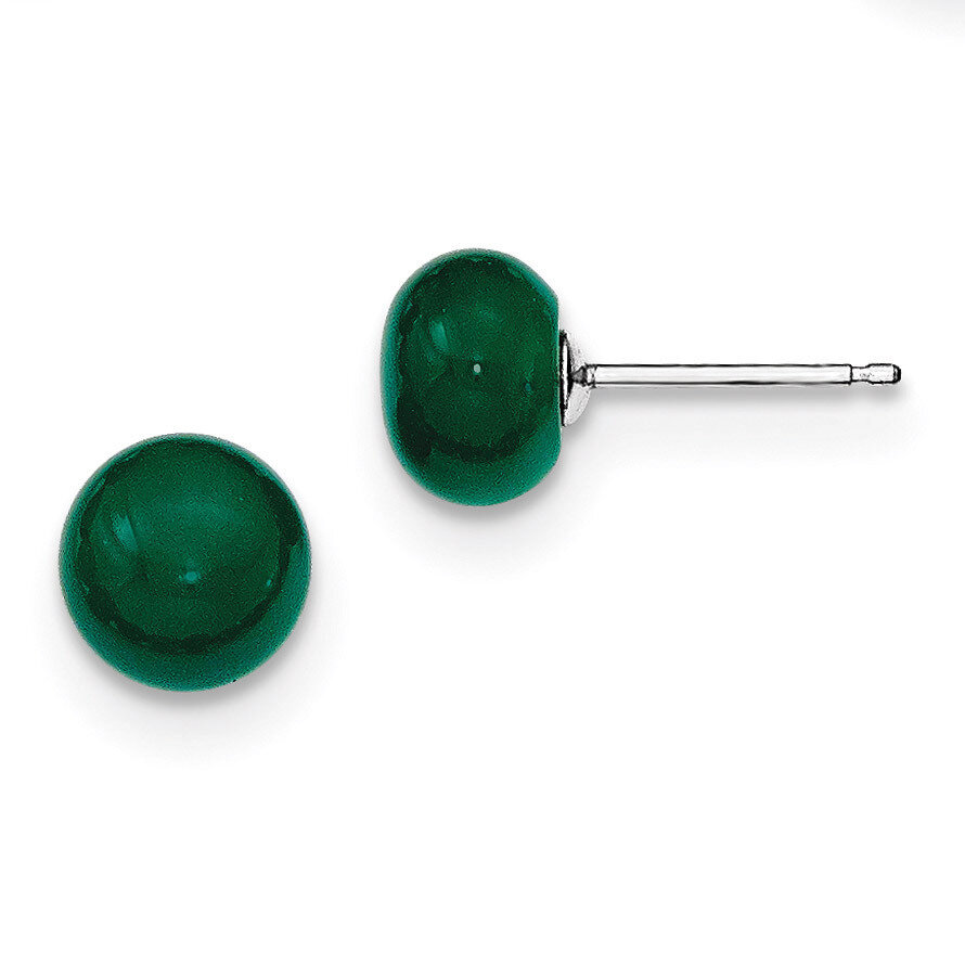 8-8.5mm Button Emerald Green Agate Post Earrings Sterling Silver QE6425