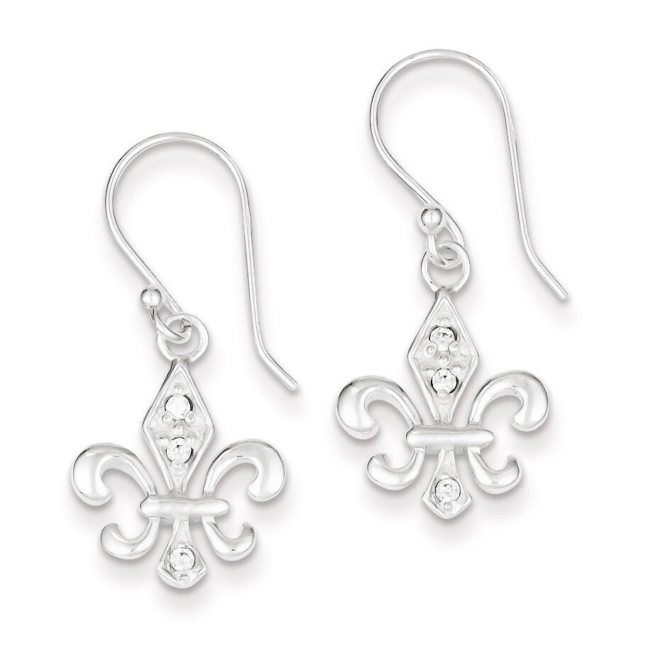 White Diamond Accented Fleur de Lis Dangle Earrings Sterling Silver QE6930