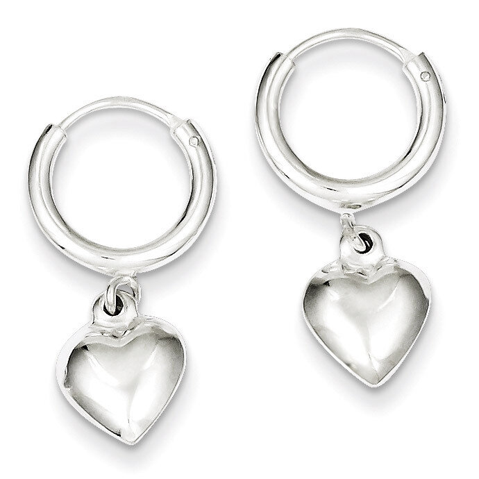 Puff Heart Dangle Hoop Earrings Sterling Silver Polished QE7047