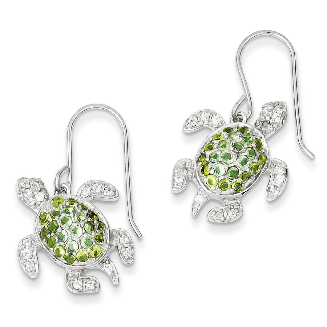 Clear, Green and Blue Diamond Turtle Dangle Earrings Sterling Silver QE7403