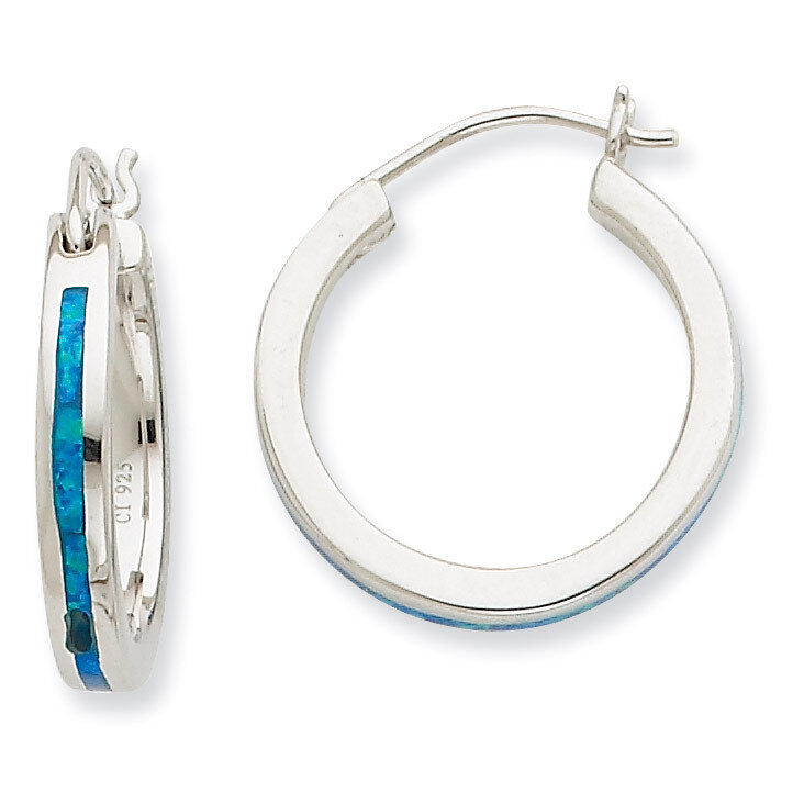 Blue Opal Inlay Hoop Earrings Sterling Silver QE7434