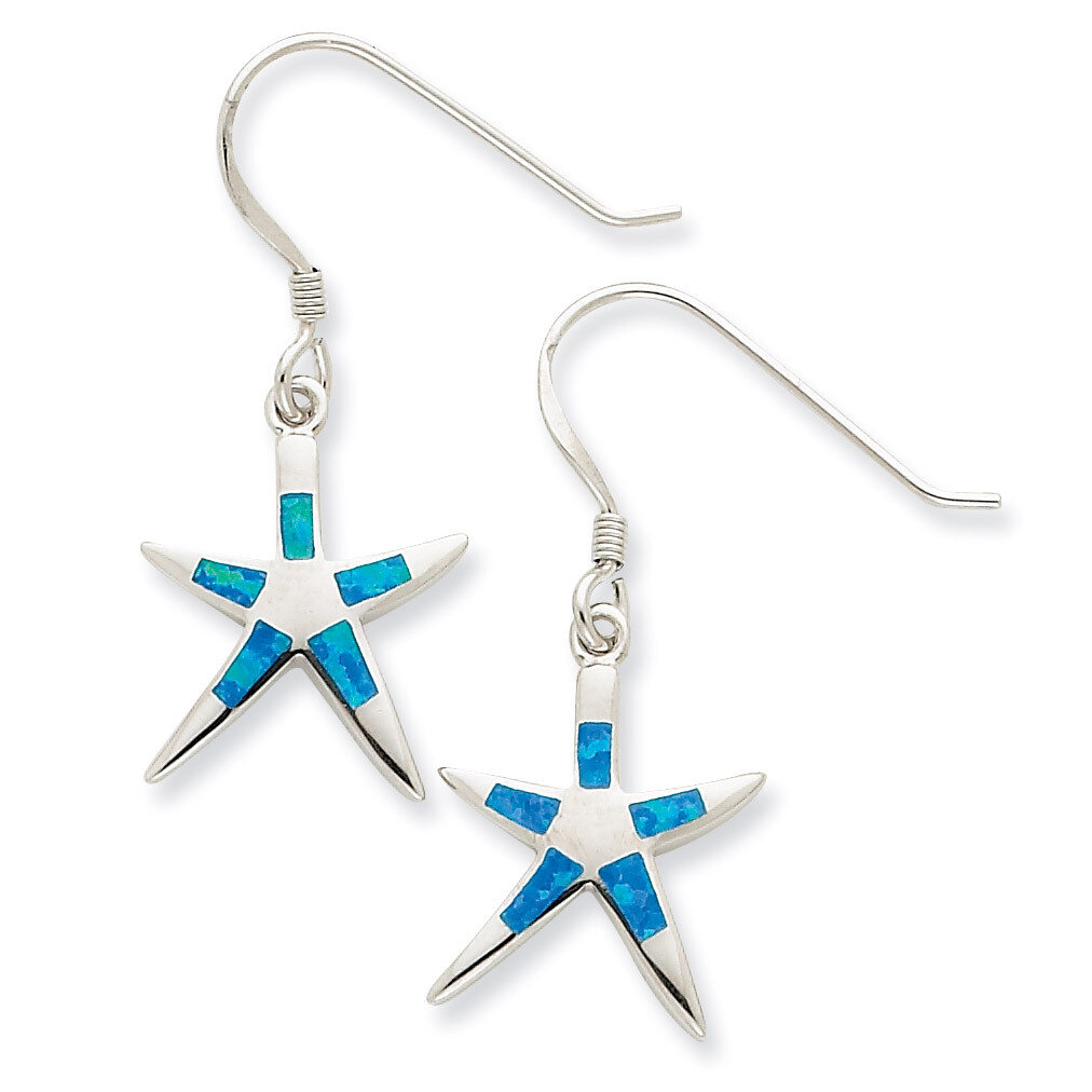 Blue Opal Inlay Flat Starfish Dangle Earrings Sterling Silver QE7438