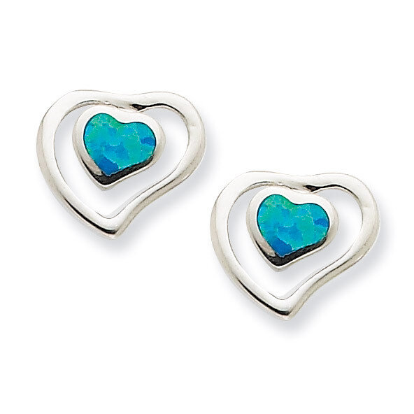 Blue Opal Inlay Center Heart Post Earrings Sterling Silver QE7440, MPN: QE7440, 883957008929