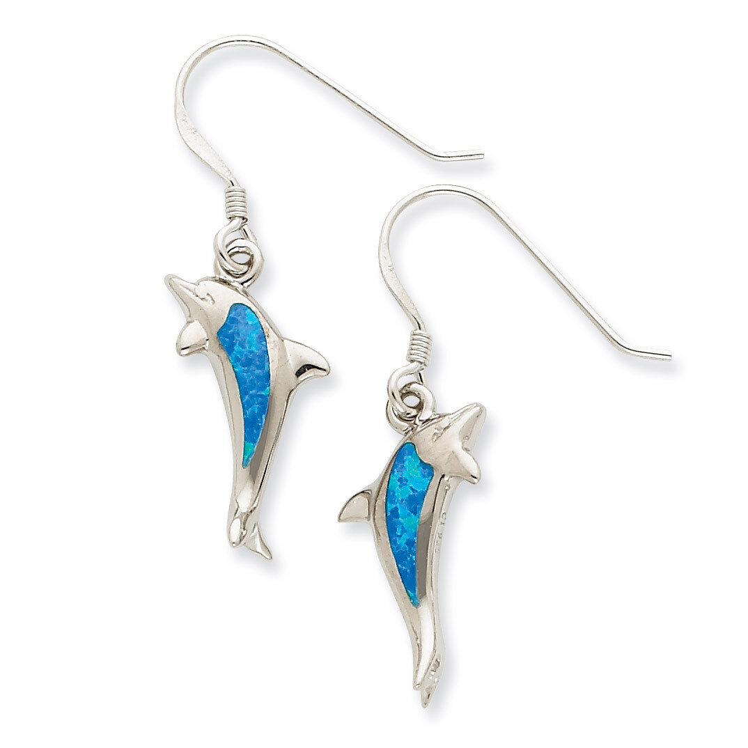 Blue Opal Inlay Dolphin Dangle Earrings Sterling Silver QE7442, MPN: QE7442, 883957551807