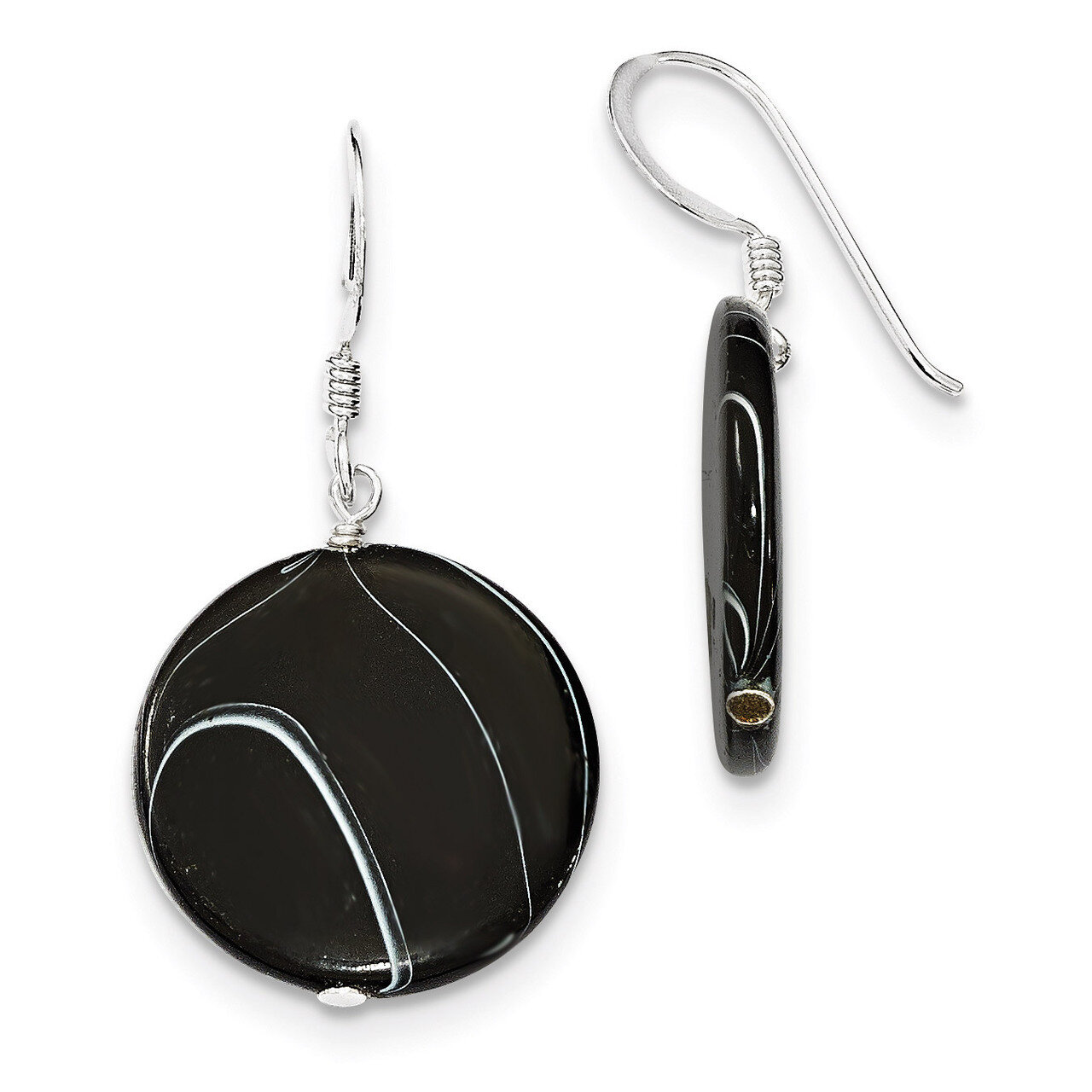 Black Agate Dangle Disc Earrings Sterling Silver QE7621, MPN: QE7621, 886774023663