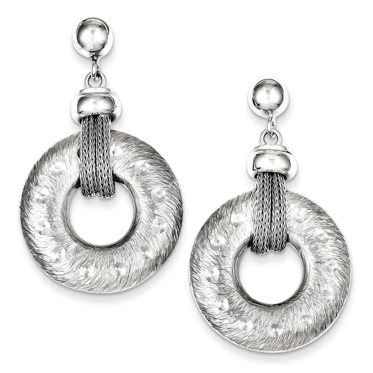 Polished Circle Post Dangle Earrings Textured Sterling Silver QE8064, MPN: QE8064, 191101189890