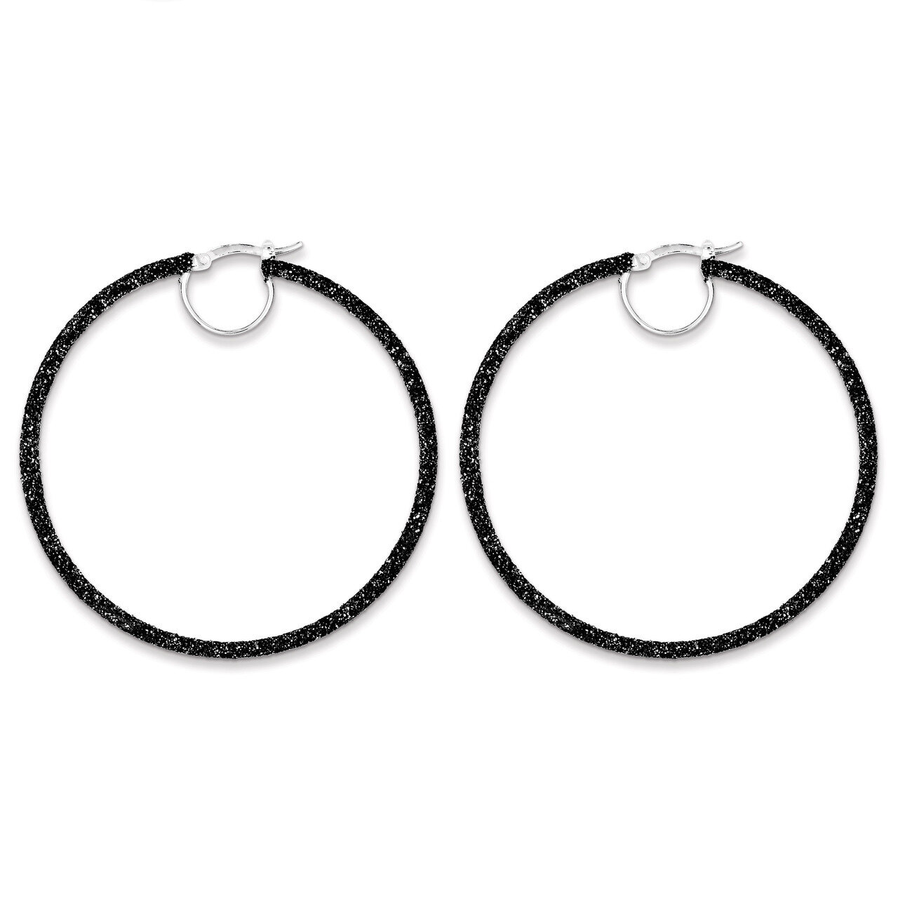 Black Glitter Enamel Glitter Hoop Earrings Sterling Silver Rhodium QE8568, MPN: QE8568, 883957564814