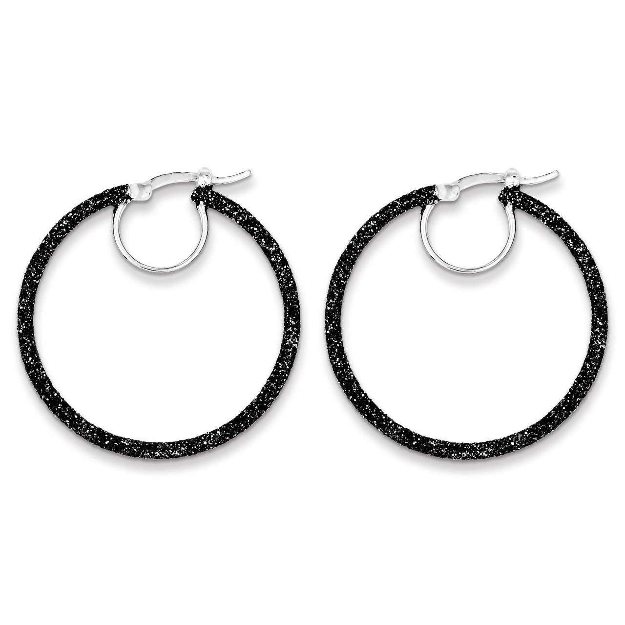 Black Glitter Enamel Glitter Hoop Earrings Sterling Silver Rhodium QE8570