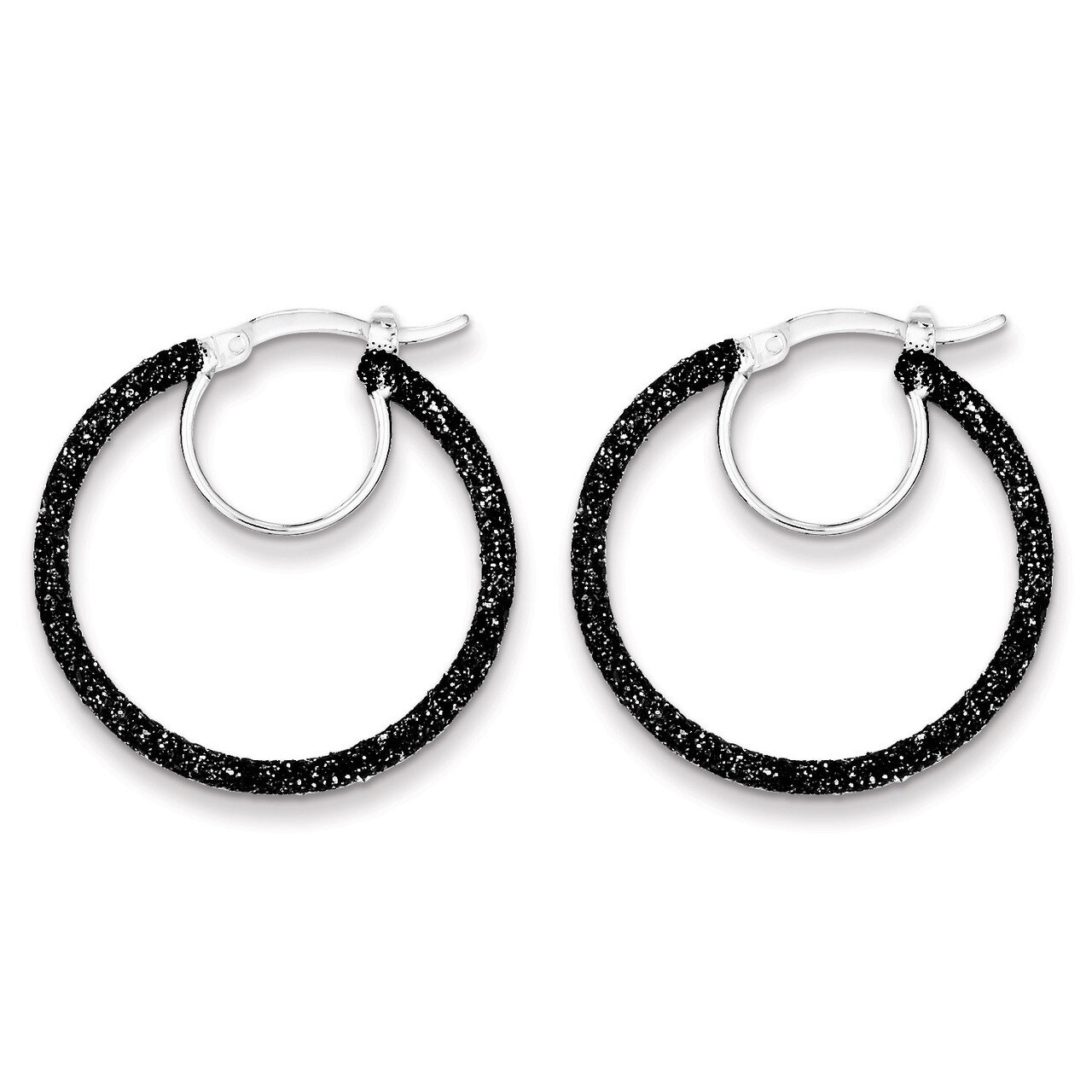 Black Glitter Enamel Glitter Hoop Earrings Sterling Silver Rhodium QE8571, MPN: QE8571, 883957564821